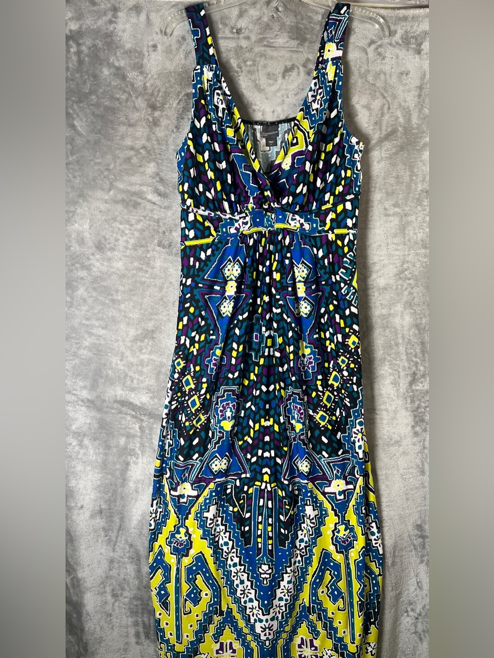 Covington Blue, Yellow & White Printed V-Neck Maxi Dress